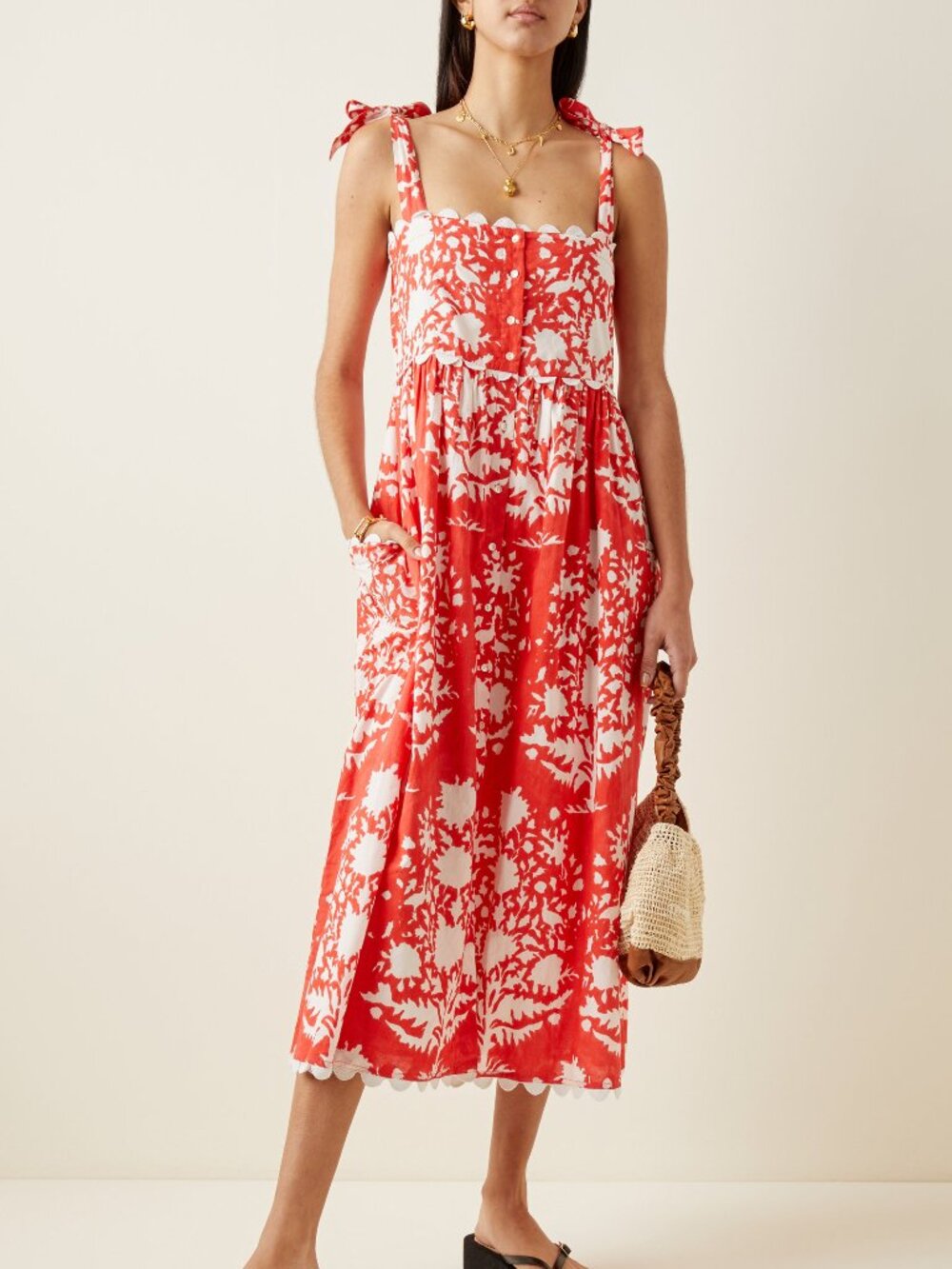 Juliet Dunn Palladio-Print Tie-Detailed Cotton Midi Dress